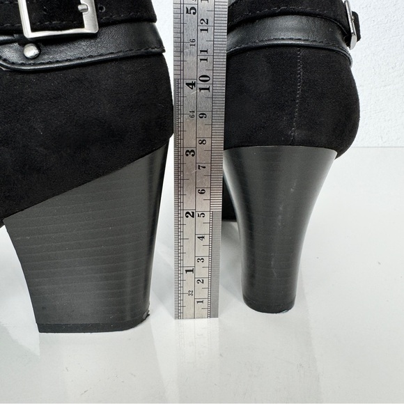 LAURA ASHLEY La Grand Ankle Bootie 7.5 Black Ruched Buckle Block Heel Evening - Picture 14 of 14